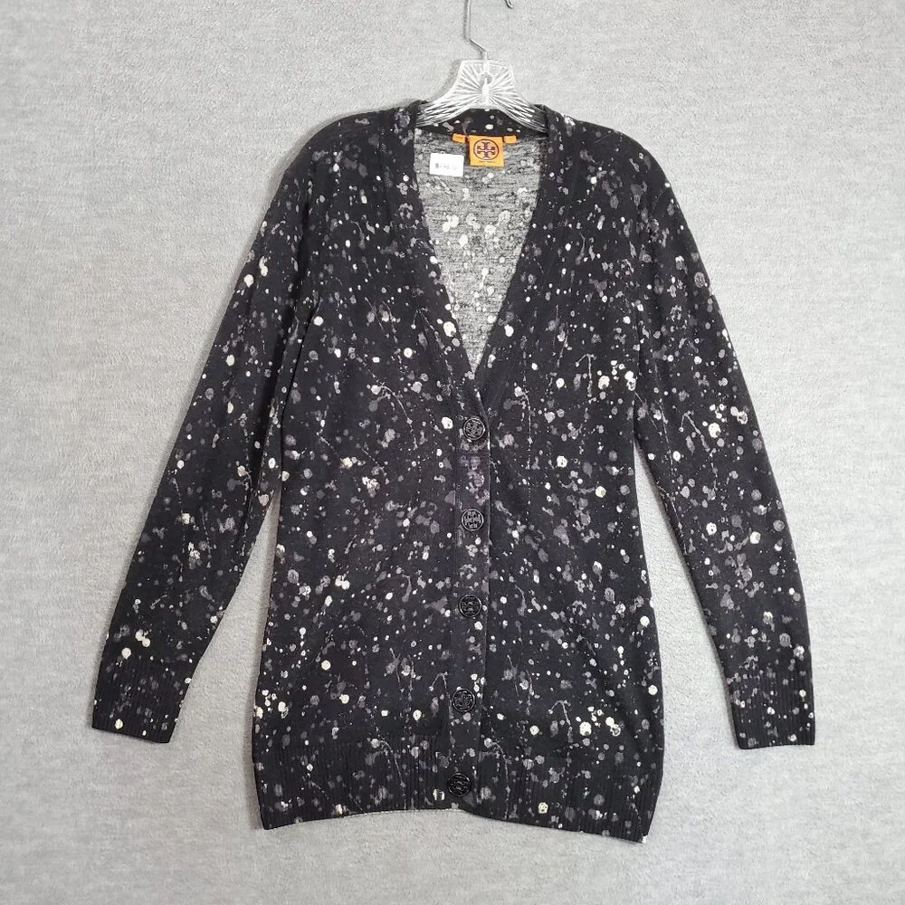 Tory Burch Women Sweater‎ Small Black Paint Splatter Cardigan 100% Merino Wool